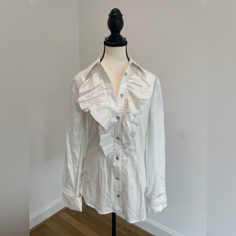 King Ranch White Ruffle Button Down Shirt, Size Small